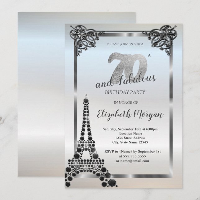 Luxury Black Eiffel Torn,Gräns 70:e födelsedagen Inbjudningar (Fram/baksida)