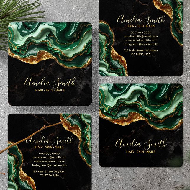 Luxury Black & Emerald Green Marble with Gold Glit Fyrkantigt Visitkort (Skapare uppladdad)