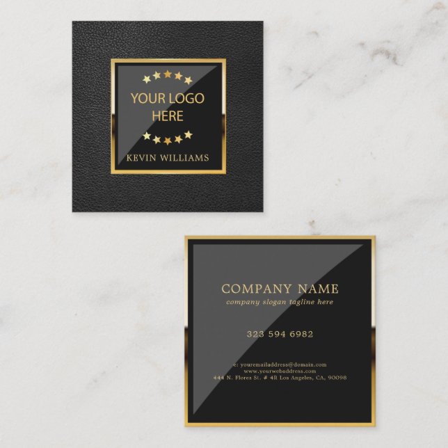 Luxury Black Faux Leather Logotyp Business Fyrkantigt Visitkort (Fram/baksida)