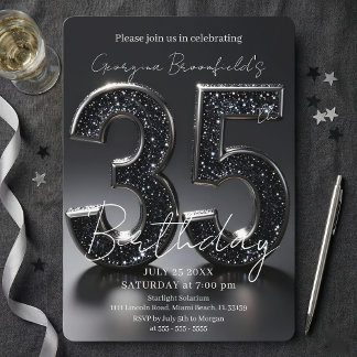 Luxury Black Glitter Silver Sparkle 35th Birthday Inbjudningar