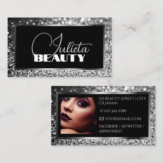 Luxury Black Gnistra Silver Glitter med Photo Visitkort (Fram/baksida)