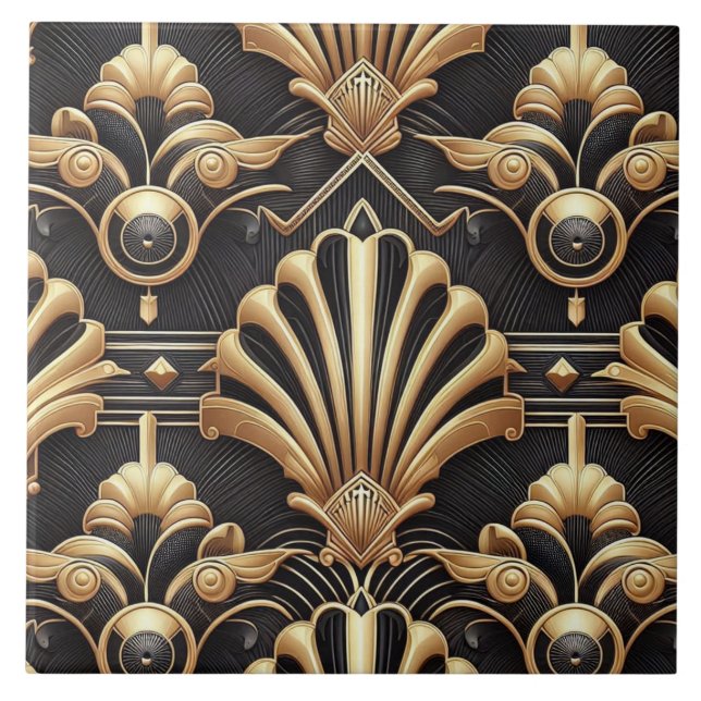 Luxury Black & Gold Art Deco Ceramic Tile  Kakelplatta (Framsidan)
