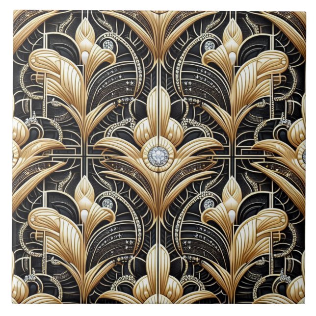 Luxury Black & Gold Art Deco Ceramic Tile  Kakelplatta (Framsidan)