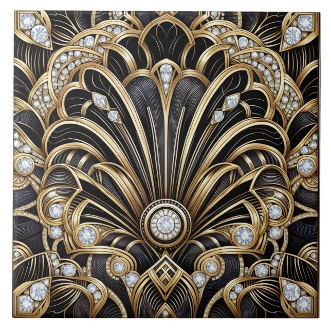 Luxury Black & Gold Art Deco Ceramic Tile  Kakelplatta (Framsidan)