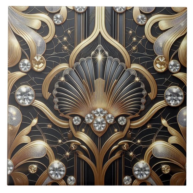 Luxury Black & Gold Art Deco Ceramic Tile  Kakelplatta (Framsidan)