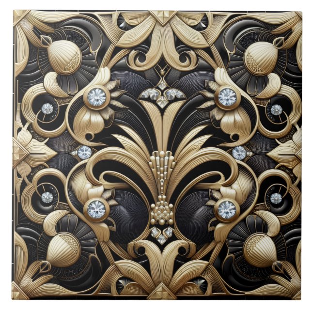 Luxury Black & Gold Art Deco Ceramic Tile  Kakelplatta (Framsidan)