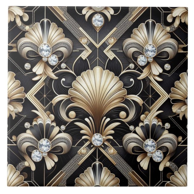 Luxury Black & Gold Art Deco Ceramic Tile  Kakelplatta (Framsidan)