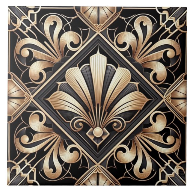 Luxury Black & Gold Art Deco Ceramic Tile  Kakelplatta (Framsidan)
