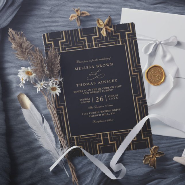 Luxury Black & Gold Art Deco QR Code Wedding Inbjudningar (Skapare uppladdad)