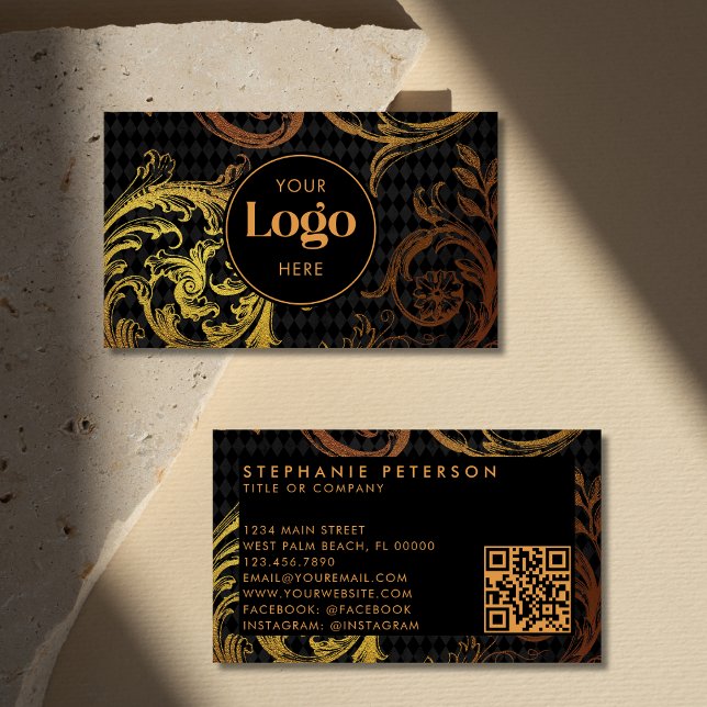 Luxury Black & Gold Baroque Custom Logo QR Code Visitkort (Skapare uppladdad)