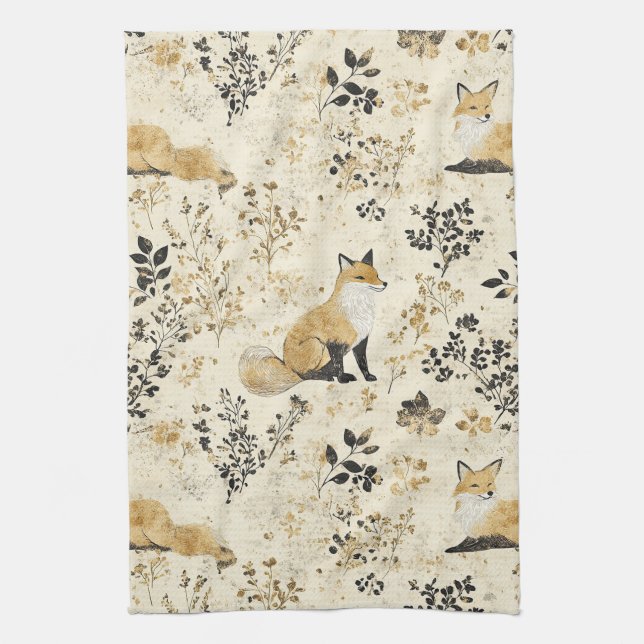 Luxury Black & Gold Botanical Fox Art (2) Kökshandduk (Vertikal)