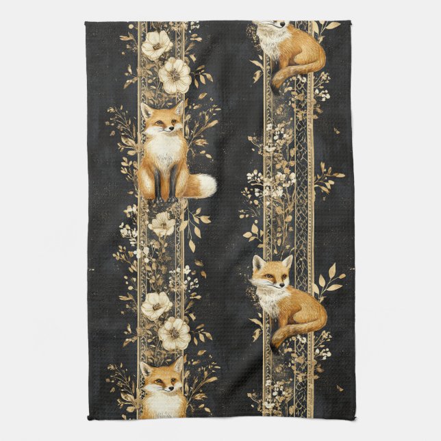 Luxury Black & Gold Botanical Fox Pattern (2) Kökshandduk (Vertikal)