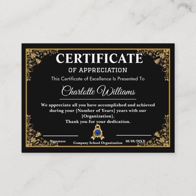Luxury Black Gold Certificate of Appreciation Tilläggskort (Framsida)