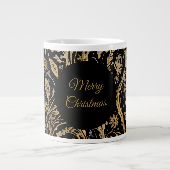 Luxury Black Gold Flowers Pattern, Merry Christmas Jumbo Mugg (Framsidan)