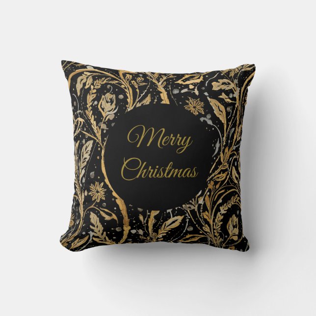 Luxury Black Gold Flowers Pattern, Merry Christmas Kudde (Framsida)