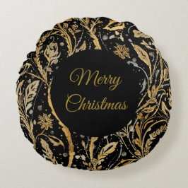 Luxury Black Gold Flowers Pattern, Merry Christmas Rund Kudde