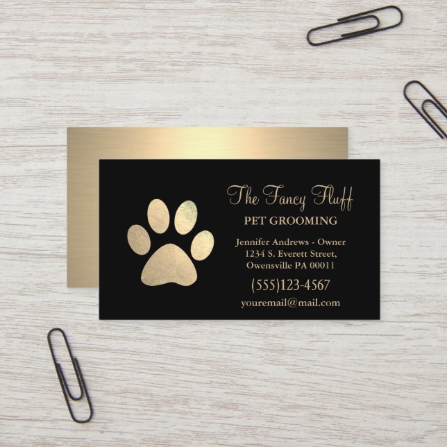 Luxury Black Gold Foil Hund Tass Grooming Service Visitkort (Fram/Back In Situ)