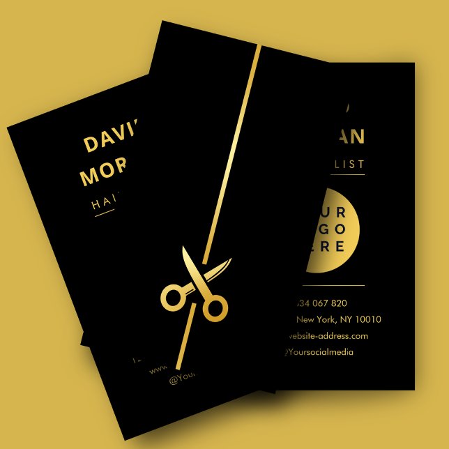 Luxury Black & Gold Hairstylist Scissors Logo Visitkort (Skapare uppladdad)