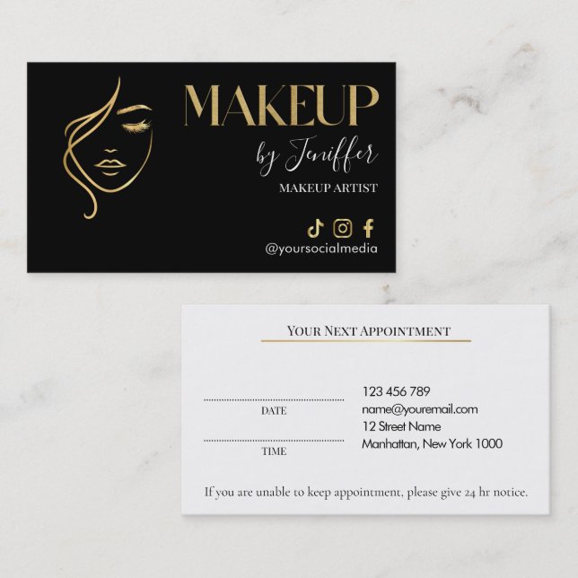 Luxury Black & Gold Makeup Appointment Card Tidsbeställning Kort (Fram/baksida)