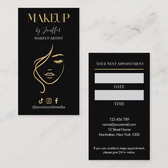 Luxury Black & Gold Makeup Appointment Card Tidsbeställning Kort (Fram/baksida)
