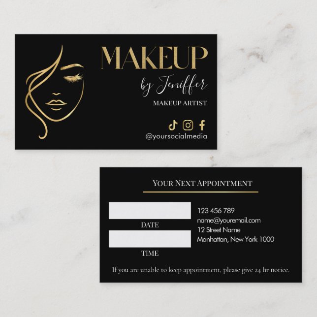 Luxury Black & Gold Makeup Appointment Card Tidsbeställning Kort (Fram/baksida)