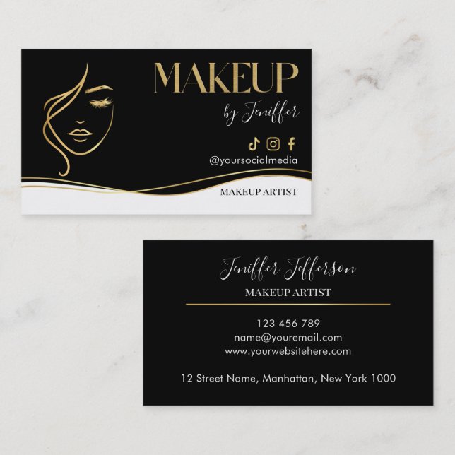 Luxury Black & Gold Makeup artist Bussines card Visitkort (Fram/baksida)
