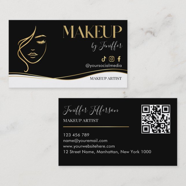 Luxury Black & Gold Makeup artist Bussines card Visitkort (Fram/baksida)