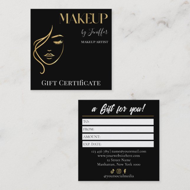 Luxury Black & Gold Makeup Gift Certificate Card Lojalitetskort (Fram/baksida)