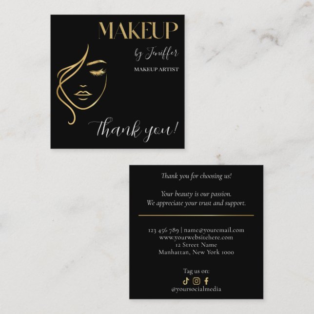 Luxury Black & Gold Makeup Thank you Card Lojalitetskort (Fram/baksida)