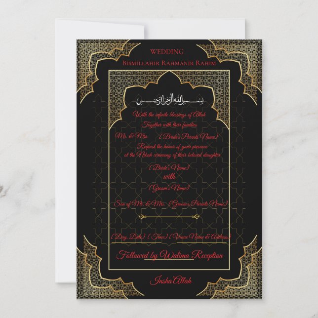 Luxury Black & Gold Muslim Wedding Invitation Inbjudningar (Framsida)
