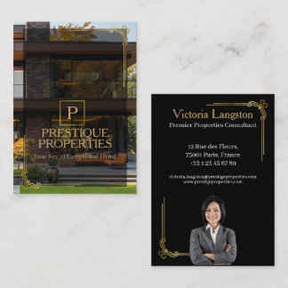 Luxury Black Gold Real Estate Photo Monogram Visitkort