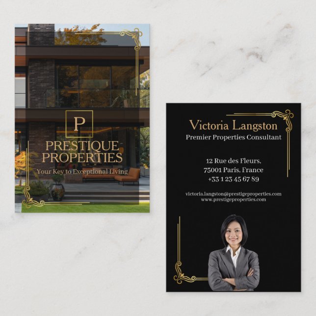 Luxury Black Gold Real Estate Photo Monogram Visitkort (Fram/baksida)
