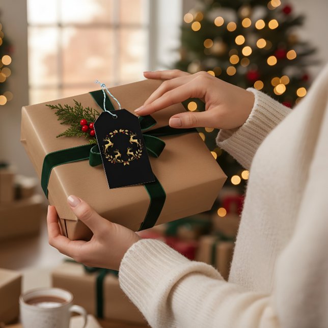 Luxury Black & Gold Reindeer Christmas Gift Tag Presentetikett (Skapare uppladdad)