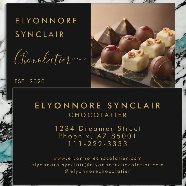 Luxury Black Gold Script Chocolatier Photo Visitkort (Skapare uppladdad)