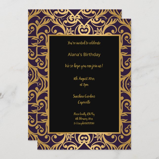 LUXURY BLACK GULD ABSTRAKT BIRTHDAY INBJUDNINGAR (Fram/baksida)