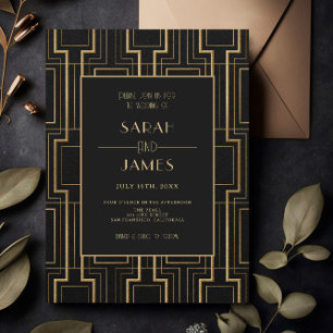 Luxury Black & Guld Art Deco Gatsby Bröllop Inbjudningar