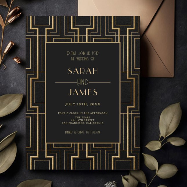Luxury Black & Guld Art Deco Gatsby Bröllop Inbjudningar (Skapare uppladdad)