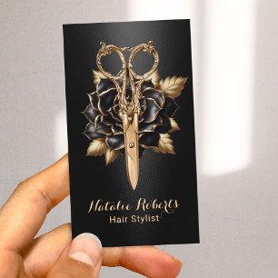 Luxury Black & Guld Blommigt Scissor Hair Stylist Visitkort