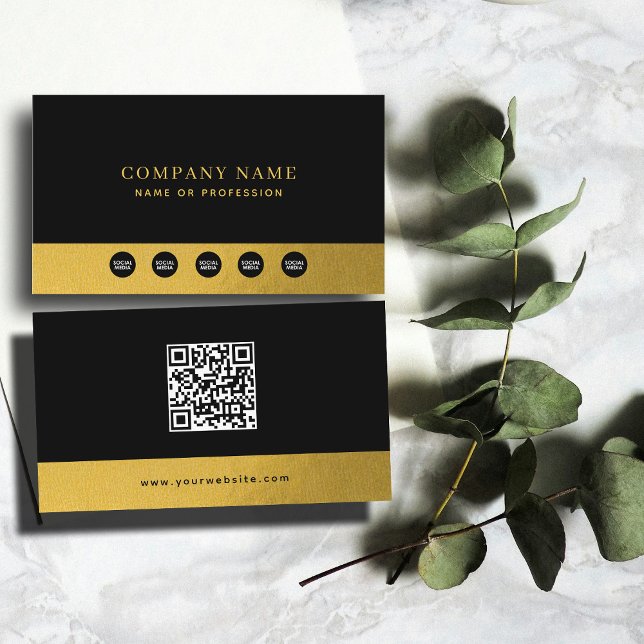 Luxury Black Guld Company Social Media & QR Code Visitkort (Luxury Black Gold Company Social Media & QR Code Business Card)