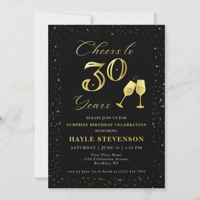 Luxury Black Guld Confetti Cheers till 30års födel Inbjudningar (Framsida)
