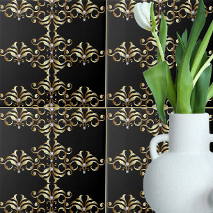 Luxury Black Guld Damask och Gemstones Mönster Kakelplatta