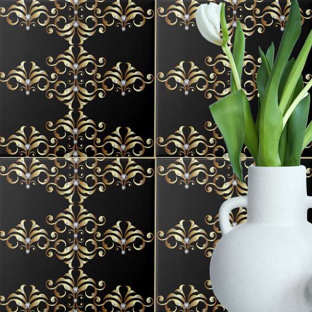 Luxury Black Guld Damask och Gemstones Mönster Kakelplatta (Skapare uppladdad)