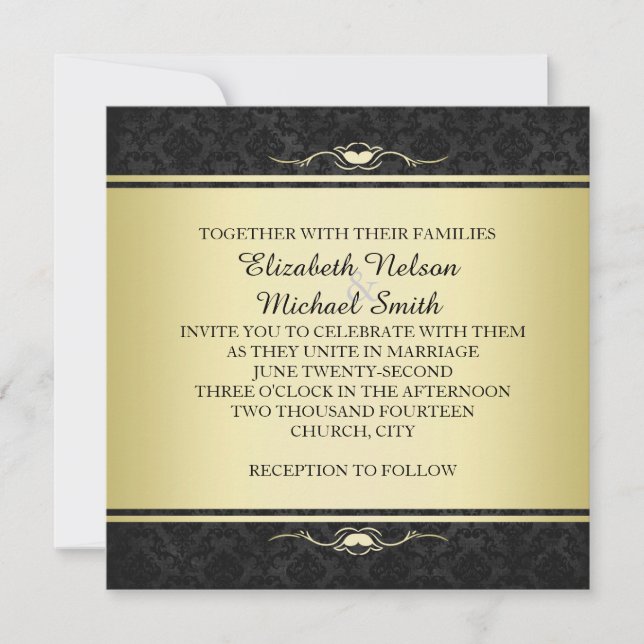 Luxury Black/Guld Damask Wedding Inbjudan (Framsida)