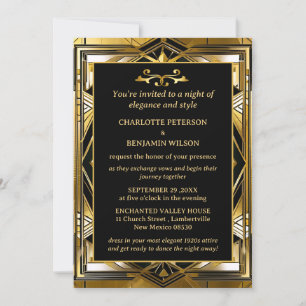 Luxury Black & Guld Gatsby Art Deco 1920-talet Brö Inbjudningar