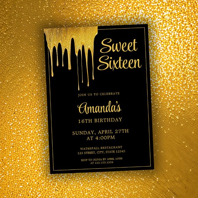 Luxury Black & Guld Glitter Drip Sweet 16 Birthday Inbjudningar (Skapare uppladdad)