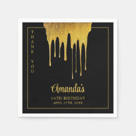 Luxury Black & Guld Glitter Drip Sweet 16 Birthday Pappersservett