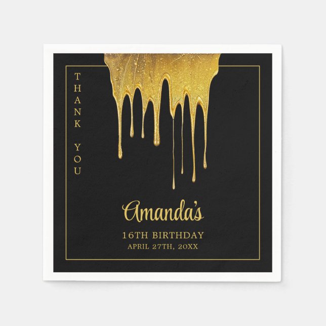 Luxury Black & Guld Glitter Drip Sweet 16 Birthday Pappersservett (Framsidan)