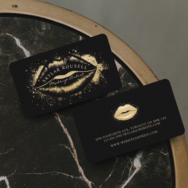 Luxury Black & Guld Glitter Läppar Makeup Artist Visitkort (Luxury Black & Gold Glitter Lips Makeup Artist Business Card)