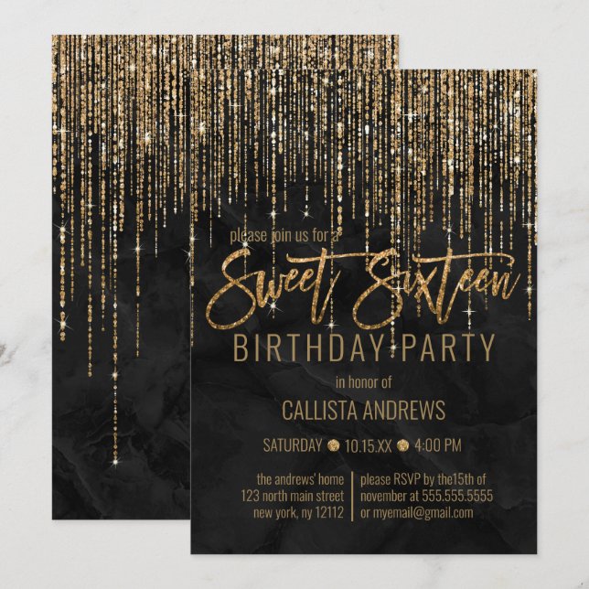 Luxury Black Guld Glitter Pearl Marble Sweet 16 Inbjudningar (Fram/baksida)