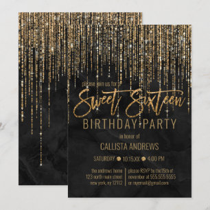 Luxury Black Guld Glitter Pearl Marble Sweet 16 Inbjudningar